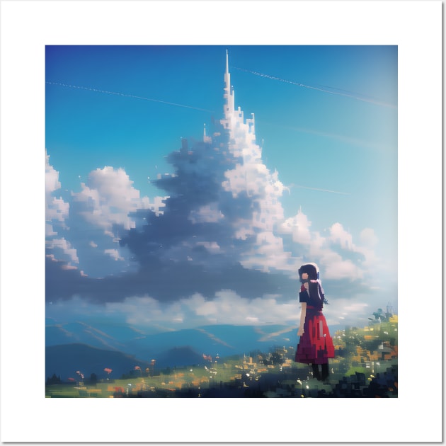 A girl in a red dress standing on a hill and looking at castle shaped clouds Wall Art by Tazlo